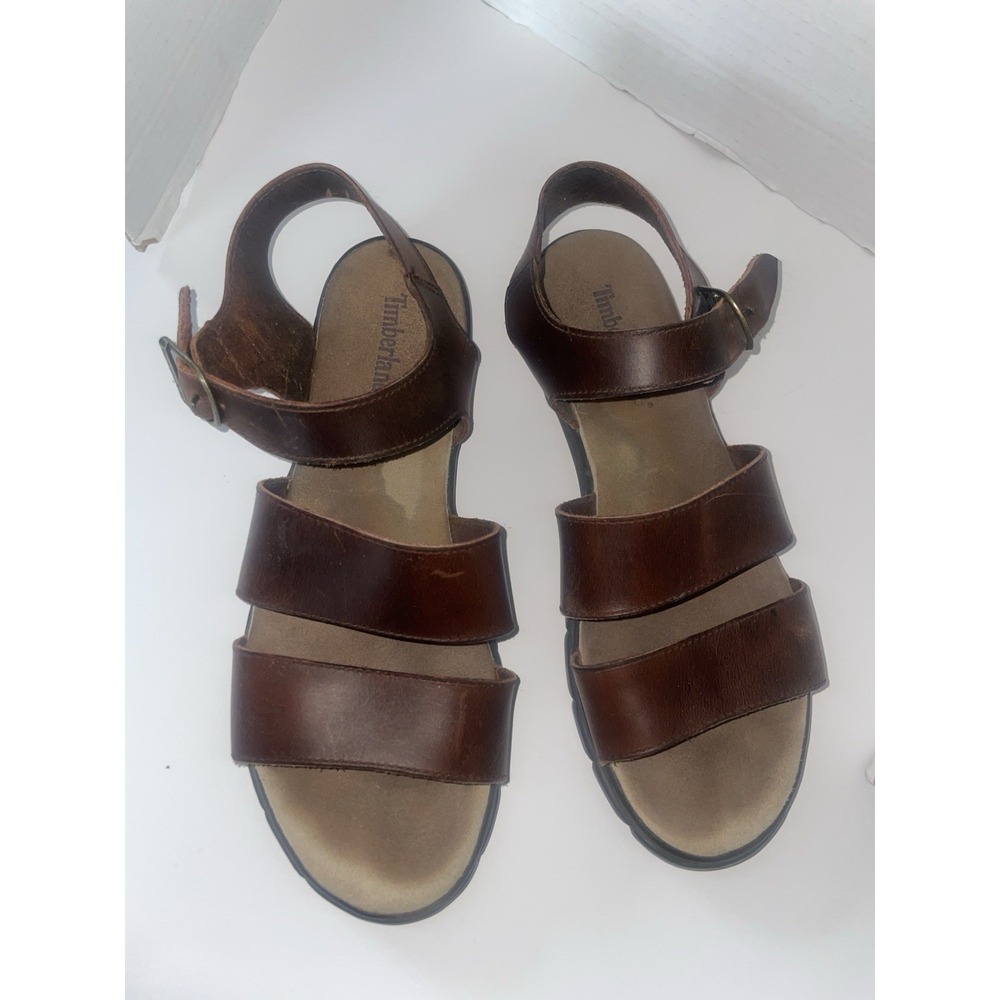 Timberland Womens 10M Double Strap Flat Sandals Brown Leather Open Toe Casual - Picture 4 of 8